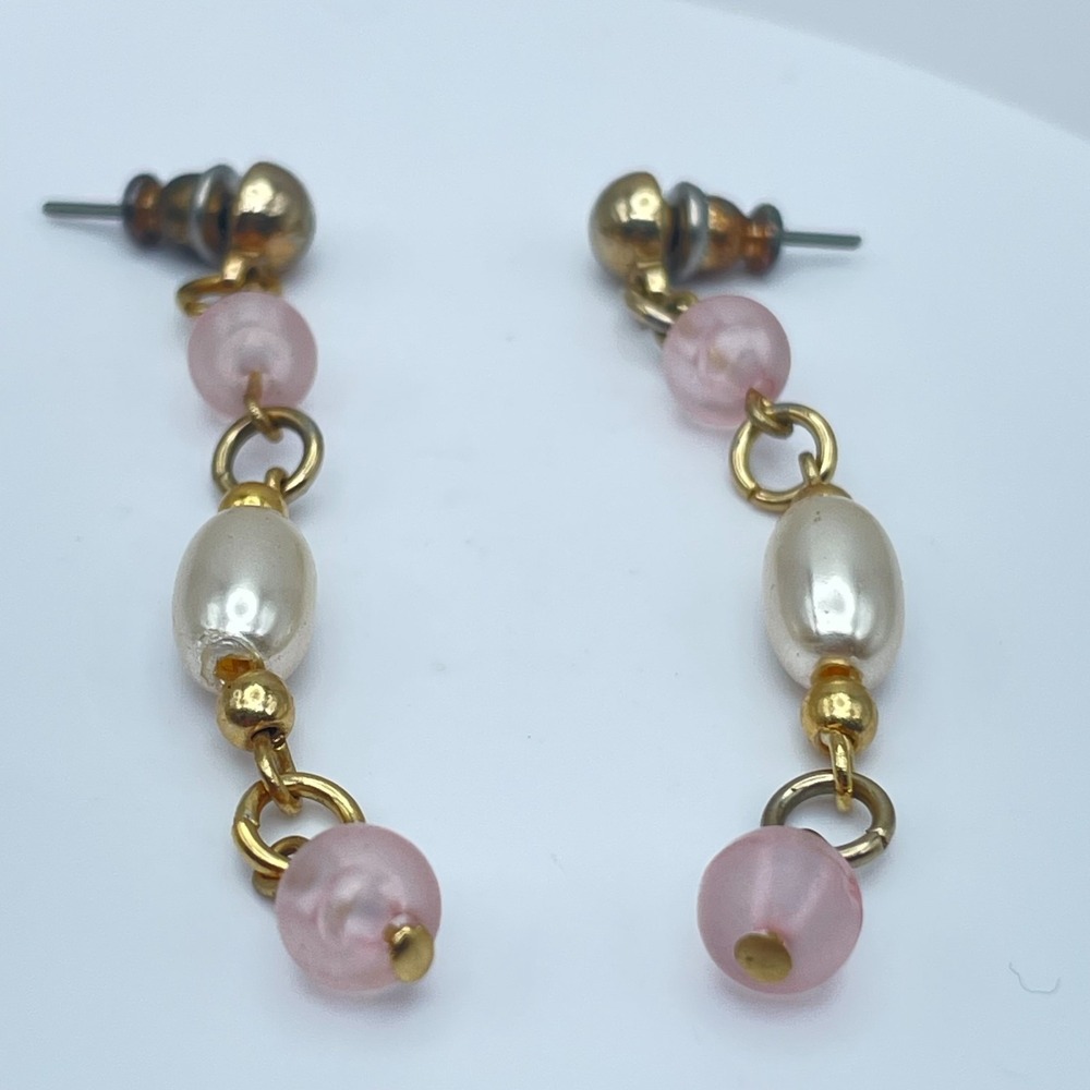 Vintage 90s Faux Pearl Beaded Gold Tone Dangle Earrings Retro Women's Jewelry